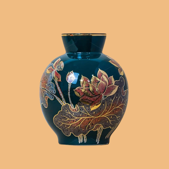 Tall Neck Green Glaze Flower Vase with Gold Lotus Design (Lọ Hoa Cổ Cao Men Xanh Hoa Sen Vẽ Vàng)